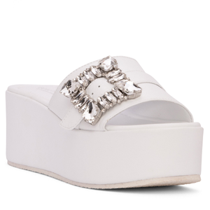 Dita White Leather Platform Slide Sandal Comfortable Wedge With Rhinestones For Wedding & Work (8 UK)