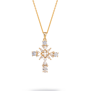 Divine Pearl & Diamond Cross Gold Chain Necklace - White