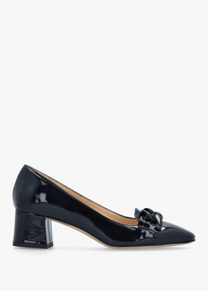 Navy Patent Leather Block Heel Court Shoes