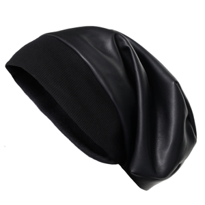 Eco-Leather Black Slouchy Beanie (one size)
