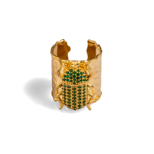 Egyptian Symbol Scarab Beetle Green Jade & Gold Chunky Ring - Green