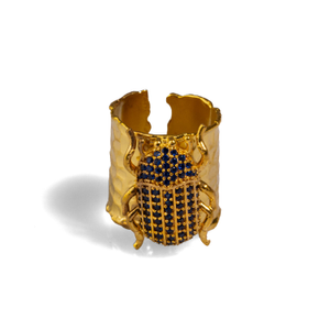 Egyptian Symbol Scarab Beetle Sapphire & Gold Chunky Ring - Blue