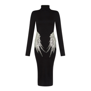 Embellished Wing Detail Turtleneck Dress In Black (XS)