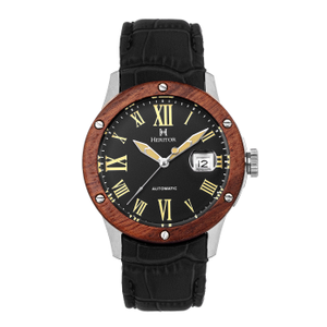 Everest Wooden-Bezel Leather-Band Watch with Magnified Date - Black, Silver (one size)