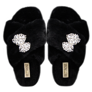 Fefe Luxury Black Plush Diamanté Bow Embellished Handmade Slipper (5 UK)
