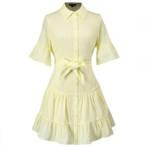 Fit-And-Flare Tiered Ruffles Mini Shirt-Dress - Yellow (M)