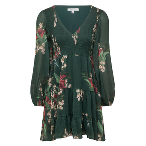 Floral Print Long Sleeve Smock Dress Green (XL)