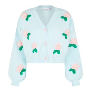 Flower Detail Knit Cardigan In Baby Blue (S)