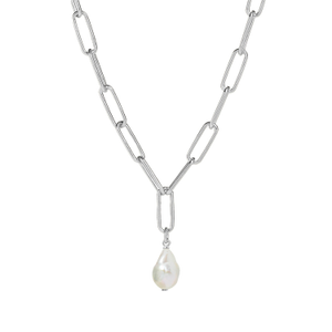 Freshwater Pearl Charm Paperclip Necklace Silver