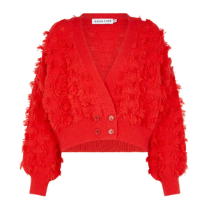 Fringed Checkerboard Cardigan In Lust Red (S)
