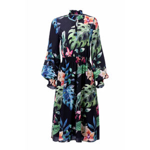 Front Neck Tie Smocked Waist Long Sleeve Midi Dress In Multi-Colored Palms Print (M)