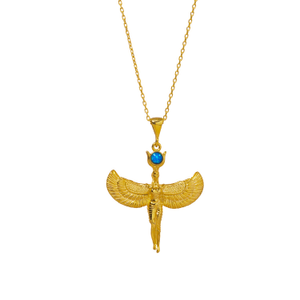 Goddess Isis Pendant Blue Opal Stone & Gold Chain Necklace - Gold