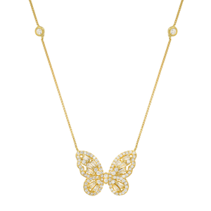 Gold Diamond Cz Baguette Butterfly Station Necklace (18")