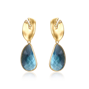 Blue Gemstone Leaf Drop Earrings | Gold Statement Earrings