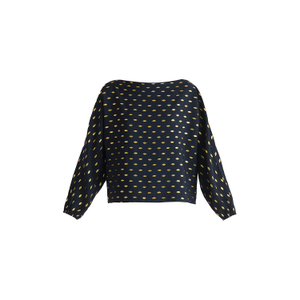 Gold Foil Print Boat Neck Top In Navy & Gold (L)