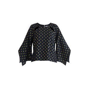 Gold Foil Print Cut-Out Draped Sleeve Top In Navy & Gold (L)
