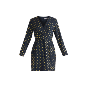 Gold Foil Print Mini Wrap Dress With Slit In Navy & Gold (XL)
