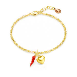 Gold Vermeil Cornicello & Heart Charm Bracelet – Red Enamel Italian Good Luck Jewelry, Handmade Lucky Talisman
