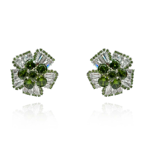 Greeen Tourmaline And Baguette Crystal Clip On Button Earrings