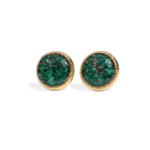 Malachite Gold Stud Earrings — Round Green Stone Studs