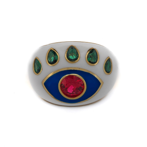 Guardian Ruby & Emerald Evil Eye White Enamel Adjustable Ring - White