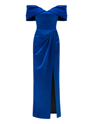 Heavenly Kissed Draped Satin Maxi Dress - Azure Blue (XXL)