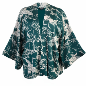 Japanese Crane Print Emerald Green & Ivory Short Kimono (one size)