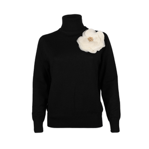 Laines Couture Embellished Cream Corsage Knitted Roll Neck Jumper - Black (L)