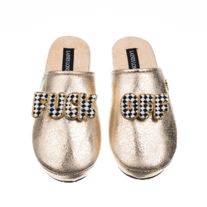 Laines London Gold Softie Slippers With Chequered Fuck Off Brooches (M)