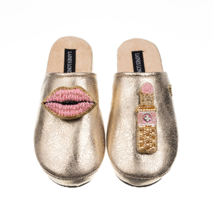 Laines London Gold Softie Slippers With Pink Lipstick & Lips Brooches (M)