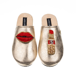 Laines London Gold Softie Slippers With Red Lipstick & Lips Brooches (S)