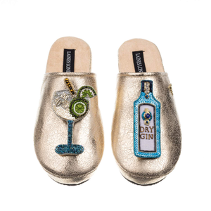 Laines London Gold Softie Slippers With Sapphire Gin Brooches (XL)