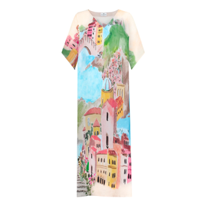 La Riviera Printed Long Kaftan Dress With Side Slits - Pink & Multicolor (XXL)