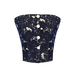 Laura Embellished Denim Strapless Bustier With Stylized Cuts And Center Back Smocking Detail (L)