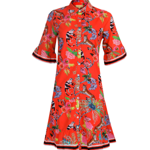 Lisbon Mini | Jungle Book Printed Orange Buttoned Collared Shirtdress In Organic Cotton (L)
