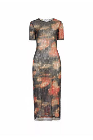 Lisbon Rhinestone Embellished Abstract Mesh Midi Dress (M/L)