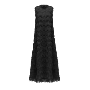 Long Evening Gown A-Line Fringe Dress Black (XXL)