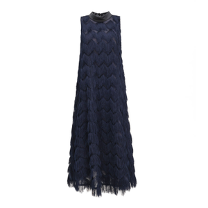 Long Evening Gown A-Line Fringe Dress Blue (M)
