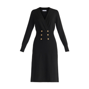 Long Sleeve Knitted Button Wrap Dress In Black (M)