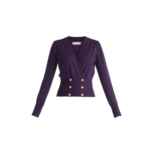 Long Sleeve Knitted Button Wrap Top In Midnight Plum (L)