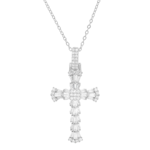 Luxurious Baguette-Cut Diamond Cz Cross Pendant Necklace In Sterling Silver (18")