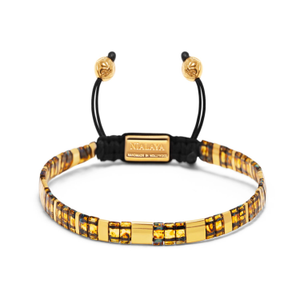 Men's Bracelet With Marbled Amber And Gold Miyuki Tila Beads (L)