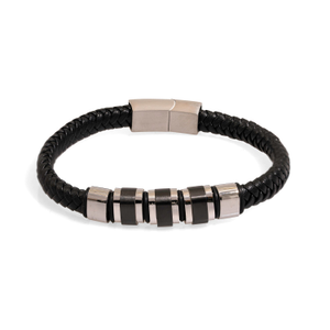 Men's Fashion Style Black Leather & Silver Bracelet - Silver