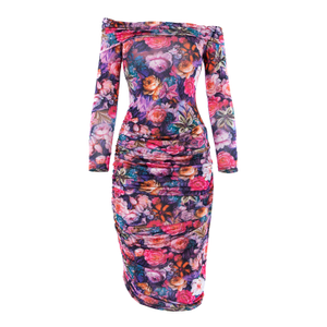 Midi Floral Print Bodycon Elastic Dress With Bare Shoulders (S/M)