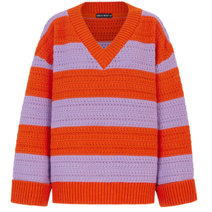 Millie Crochet Stripe V Neck Cotton Blend Jumper - Orange (S)