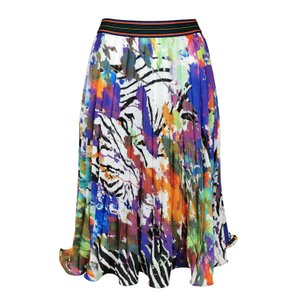 Multi-Color Digital Print Pleated Skirt With Wavy Hem (L)