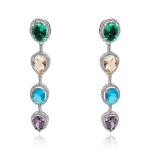 Multi-Color Oval And Pear Shape Cubic Zirconium Drop Earring Set In Rhodium-Plated Brass