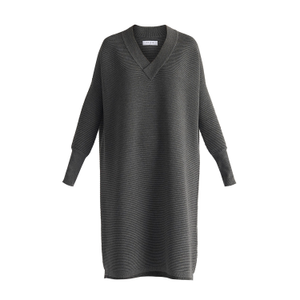 Paisie V-Neck Ribbed Jumper Dress In Dark Grey (S/M)