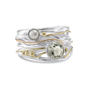 Pearl & Green Amethyst Ring In Sterling Silver With Gold Details (O (UK))