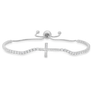 Petite Diamond Cz Cross Adjustable Bracelet In Sterling Silver (9.5")